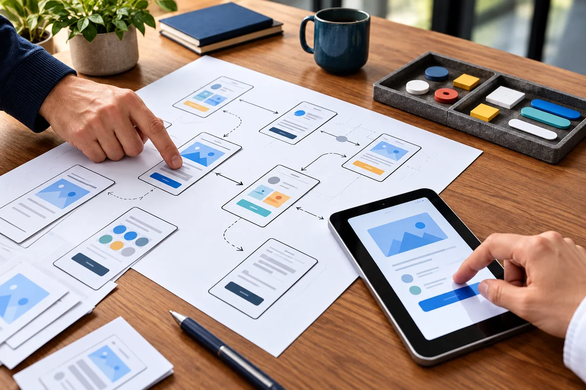 User-journey map, paper mobile wireframes and a prototype being tested on a touchscreen.