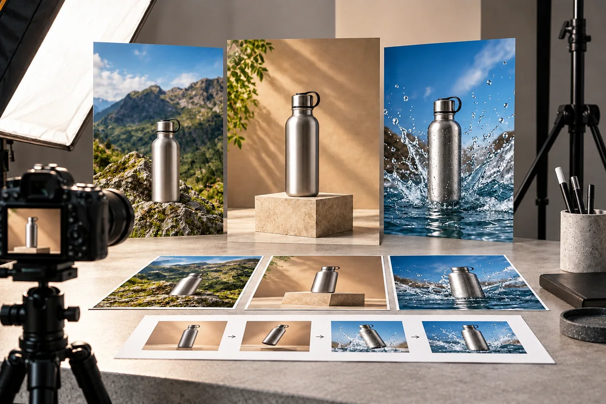 Silver bottle surrounded by alternate backdrops, square-vertical framing guides and a short ad storyboard.