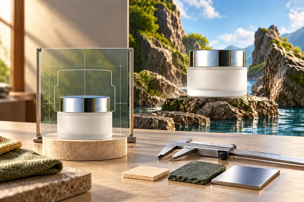Reference skincare jar, silhouette-comparison frame, caliper and rocky product backdrop.
