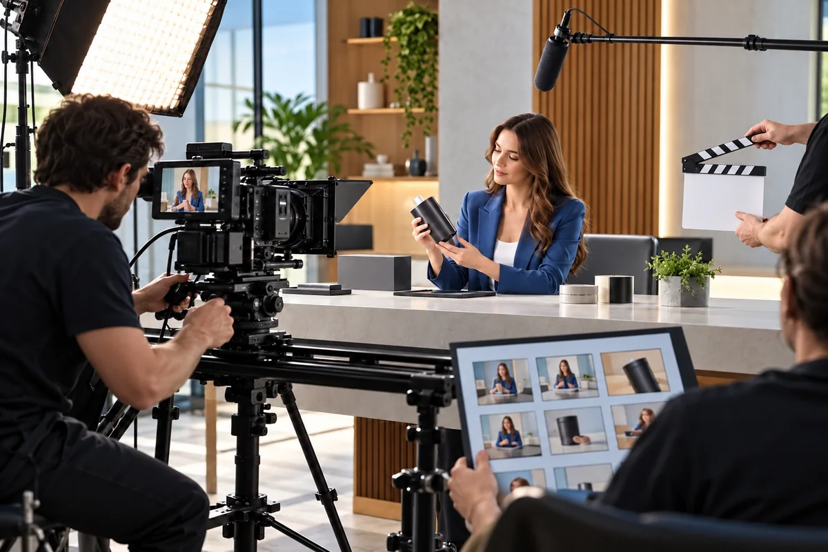 Commercial film set with slider-mounted cinema camera, boom microphone, light and shot plan.