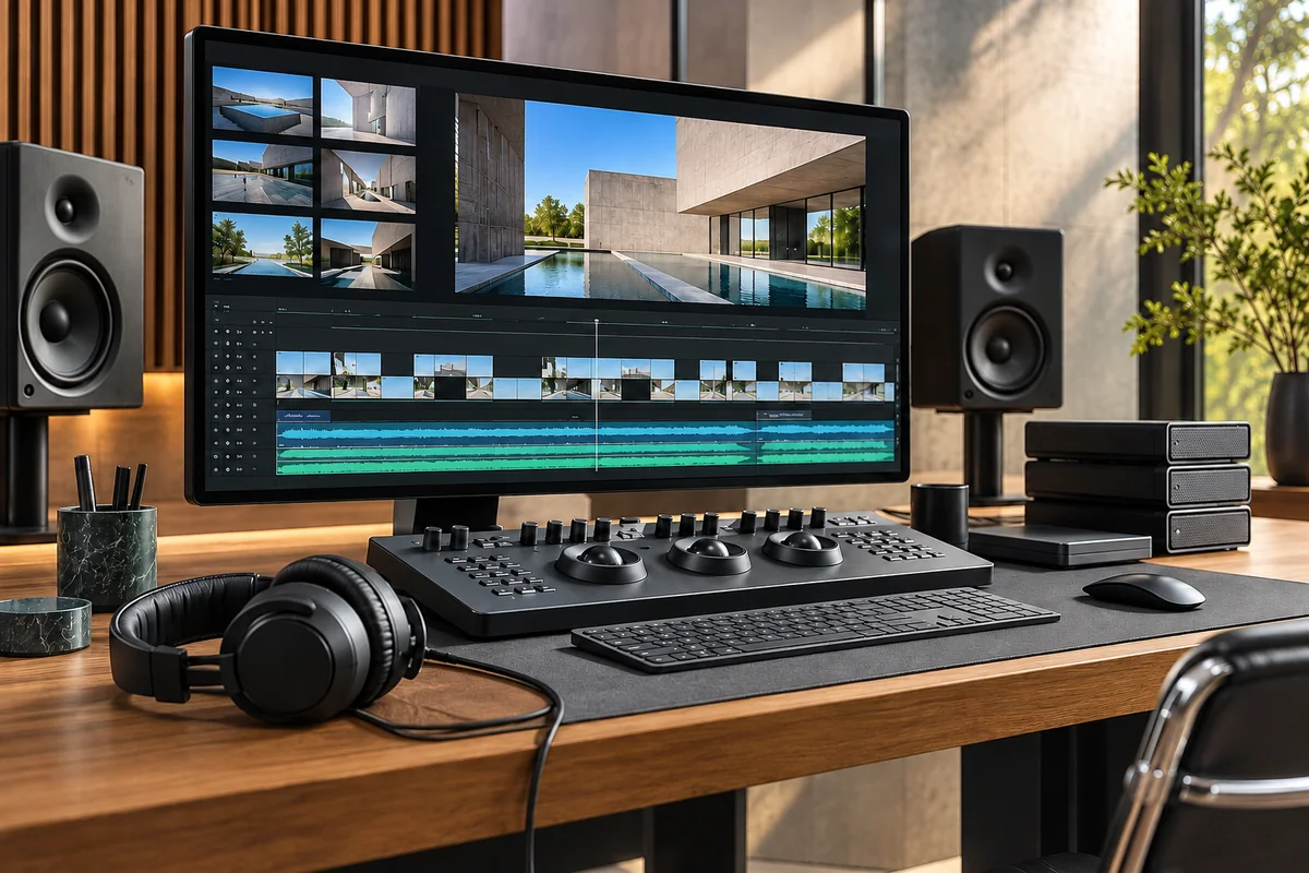 Editing desk with multitrack video timeline, color-control console, headphones and source drives.