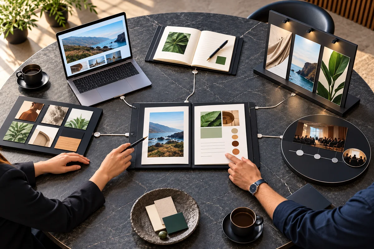 Strategy table connecting web, content, advertising, social-media and measurement tools through one review folio.