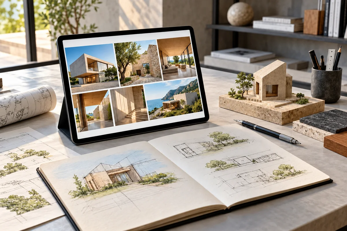 Persönliche Portfolio-Szene mit Architekturzeichnungen, Hausmodell und Projektgalerie auf einem Tablet.