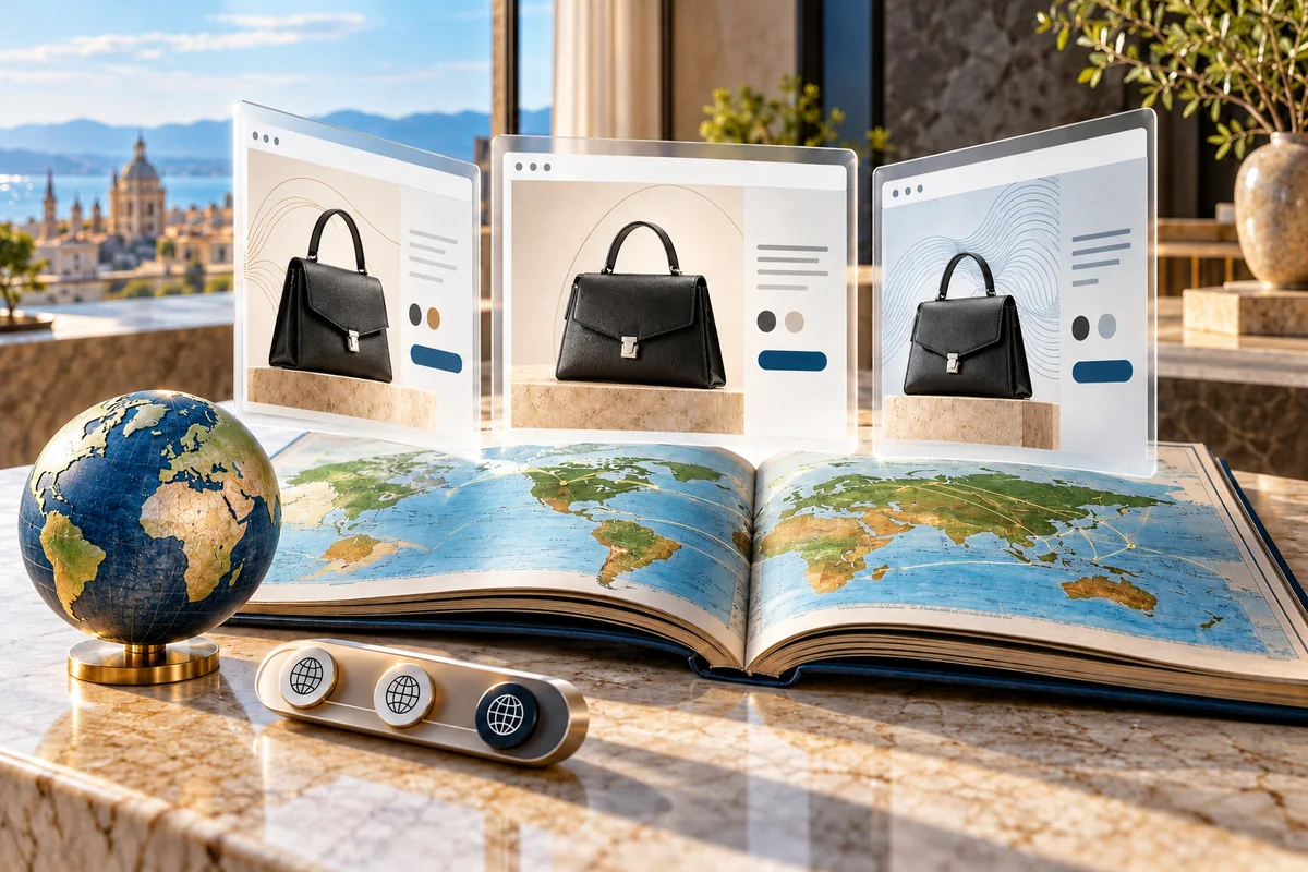 Transparente Web-Panels über einem Atlas als Darstellung dreier lokalisierter Inhaltsversionen.