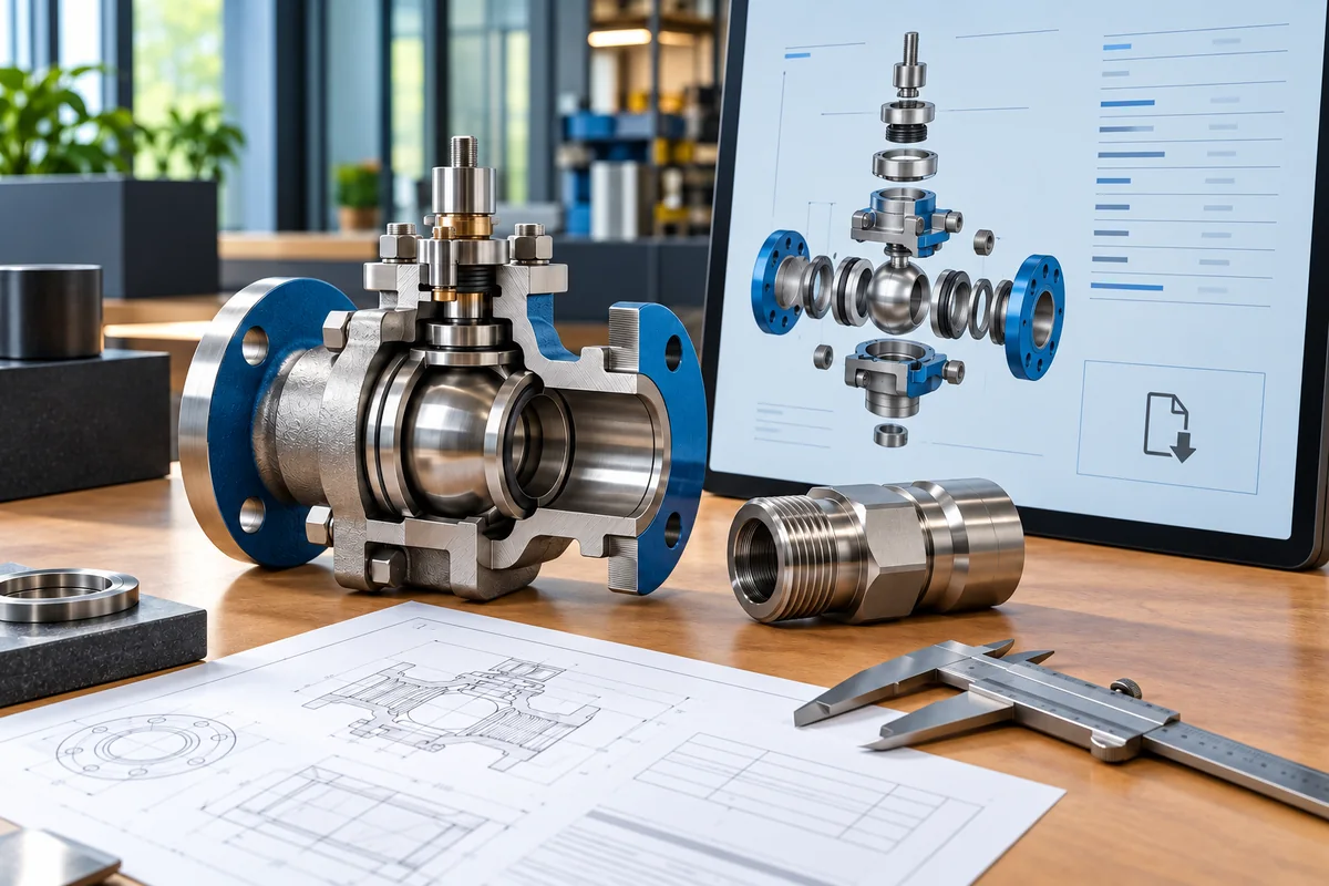 Bearbeitete Metallprodukte, Messschieber und digitaler Katalog mit technischer Explosionszeichnung.