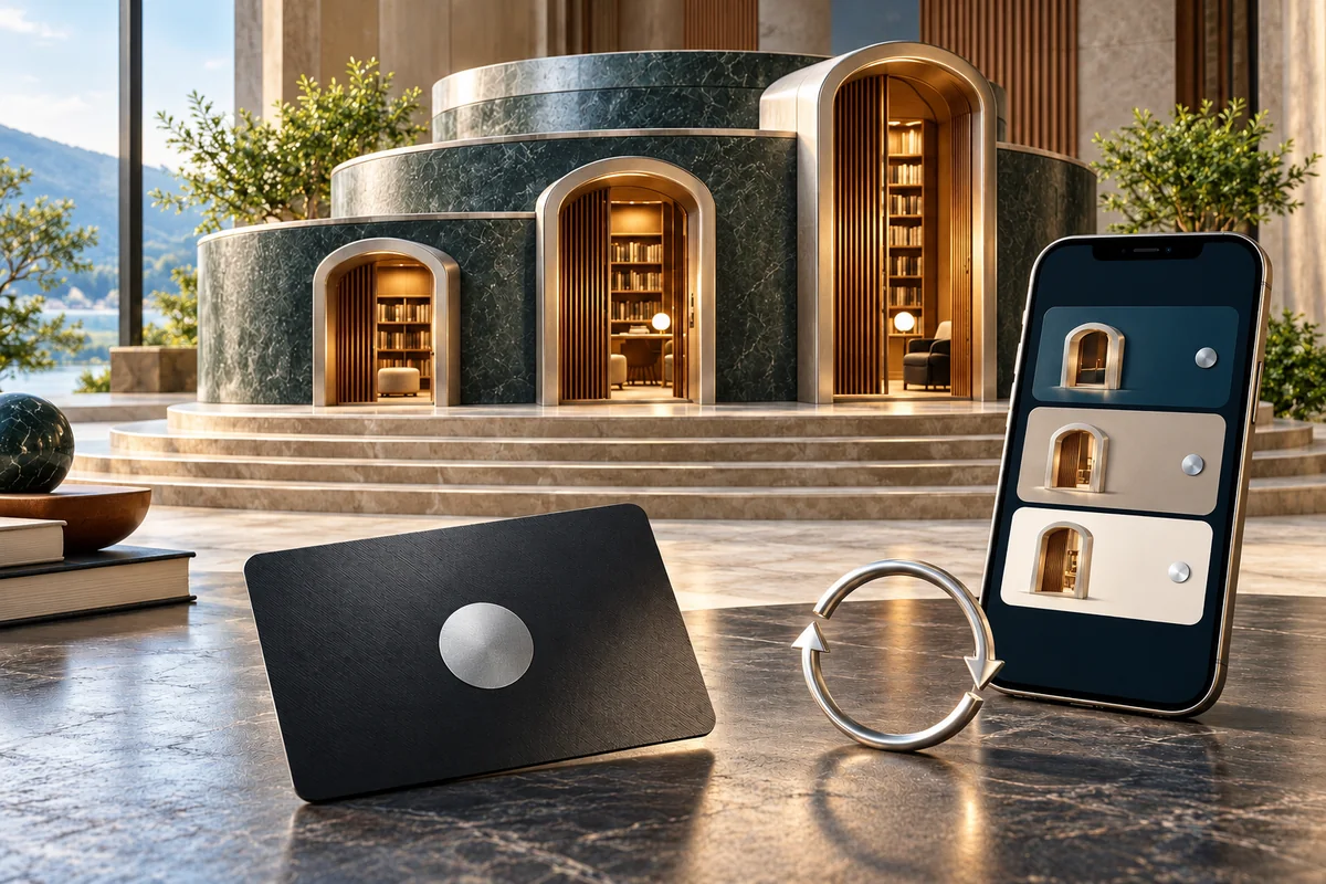 Mitgliedskarte, Smartphone mit Abonnementstufen und gestufte digitale Bibliothek für unterschiedliche Zugänge.