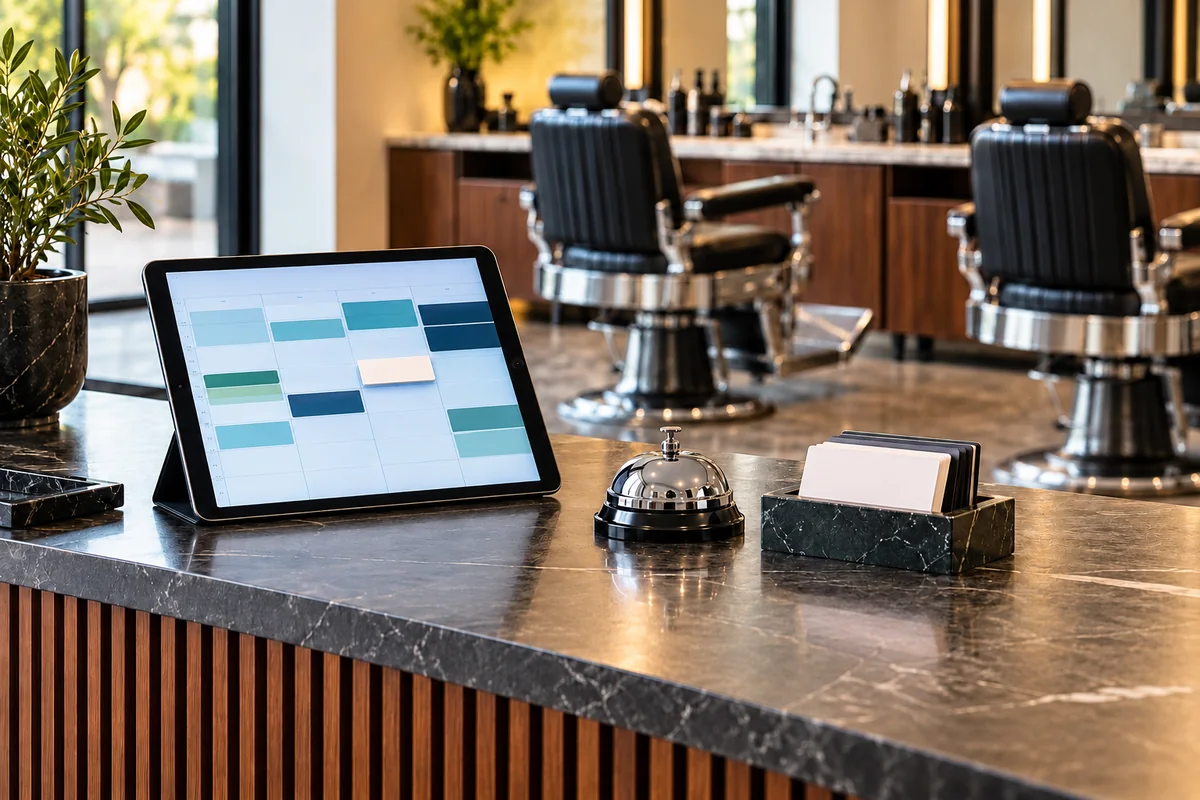 Tablet mit wöchentlichem Terminkalender an einer Salonrezeption, dahinter Friseurstühle.