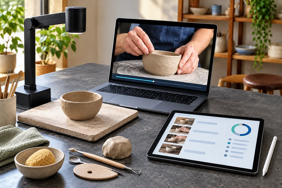 Laptop mit Keramikkurs, Tablet mit Kursablauf und kleine Tonschale auf einem Lerntisch.