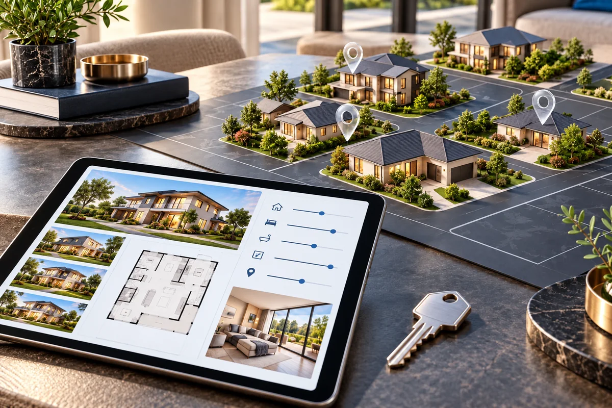 Hausmodelle, Standortmarkierungen und Immobilienangebote auf einem Tablet neben einem Hausschlüssel.