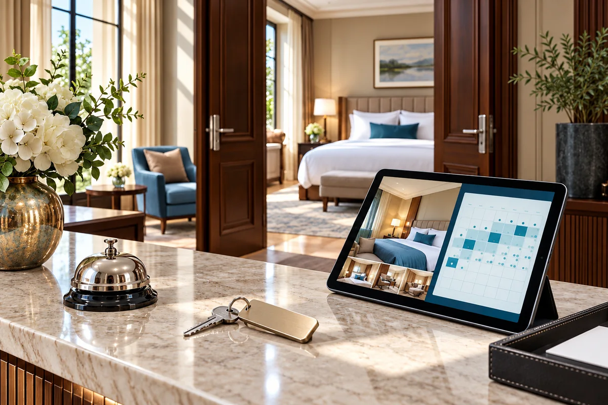 Hotelrezeption mit Tablet für Zimmerfotos und Verfügbarkeit, Zimmerschlüssel und Empfangsglocke.