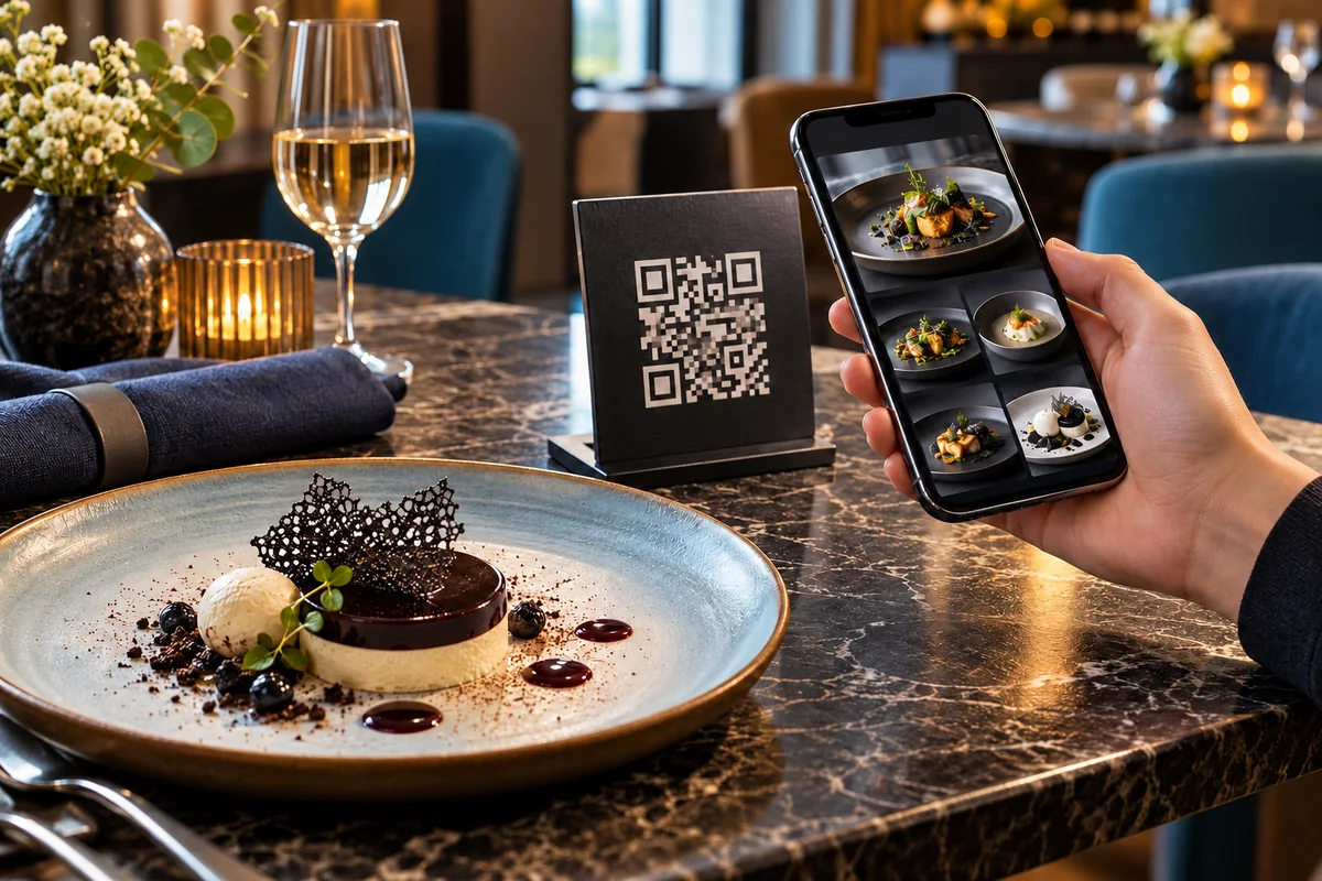 Ein Smartphone mit geöffneter Speisekarte neben einem QR-Menüaufsteller und einem angerichteten Teller.