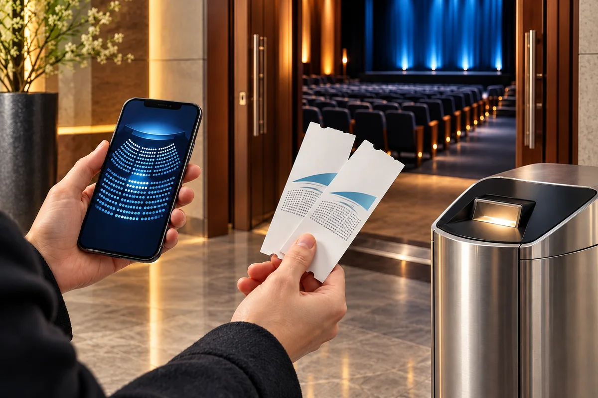 Ticketscanner, Eintrittskarten und Smartphone mit Sitzplan an einem Theatereingang.