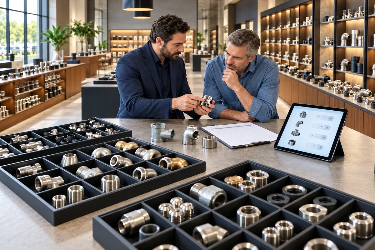 Industrieproben, Händlerkarte und Bestelltablet mit Mengenauswahl in einem Großhandels-Musterraum.