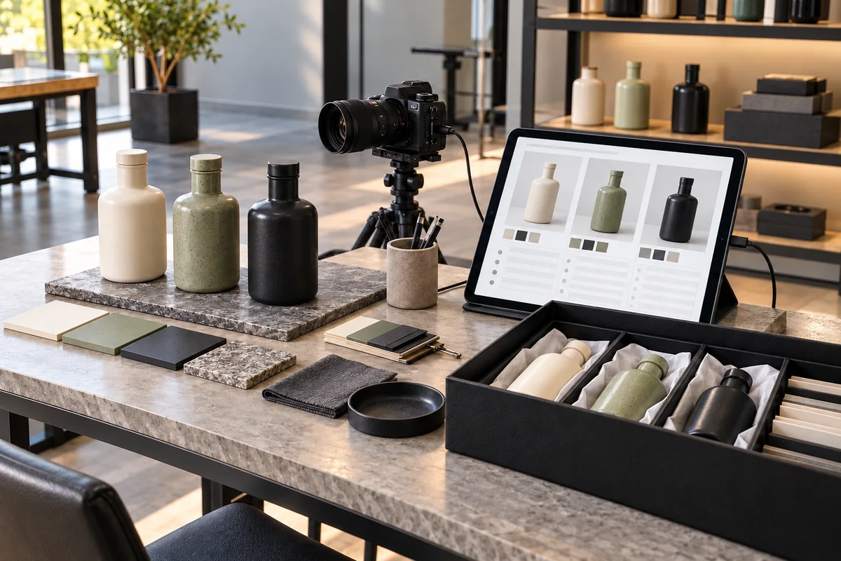 Produktvarianten, Materialproben und Katalogtablet mit Bild- und Merkmalsfeldern.