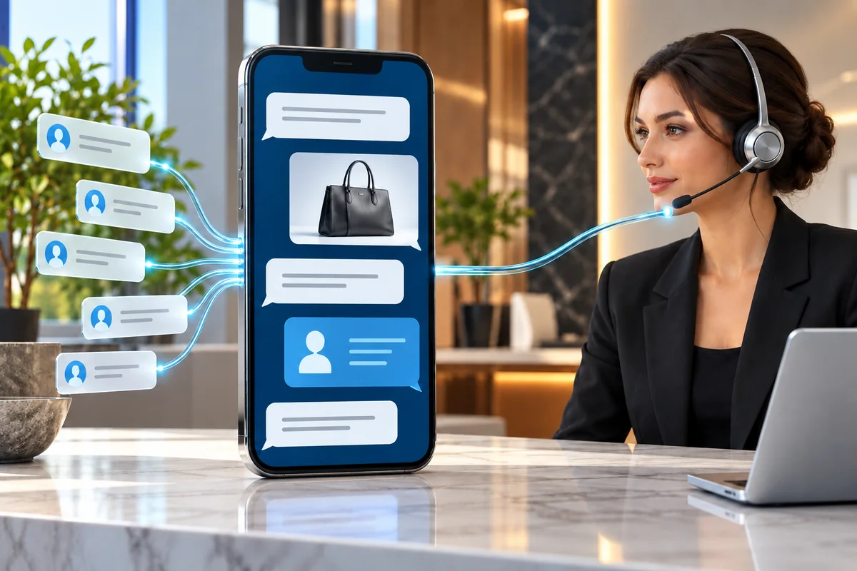 Geschäfts-Messaging-Smartphone mit Produkt- und Kontaktkartenblasen, verbunden mit einem Support-Headset.