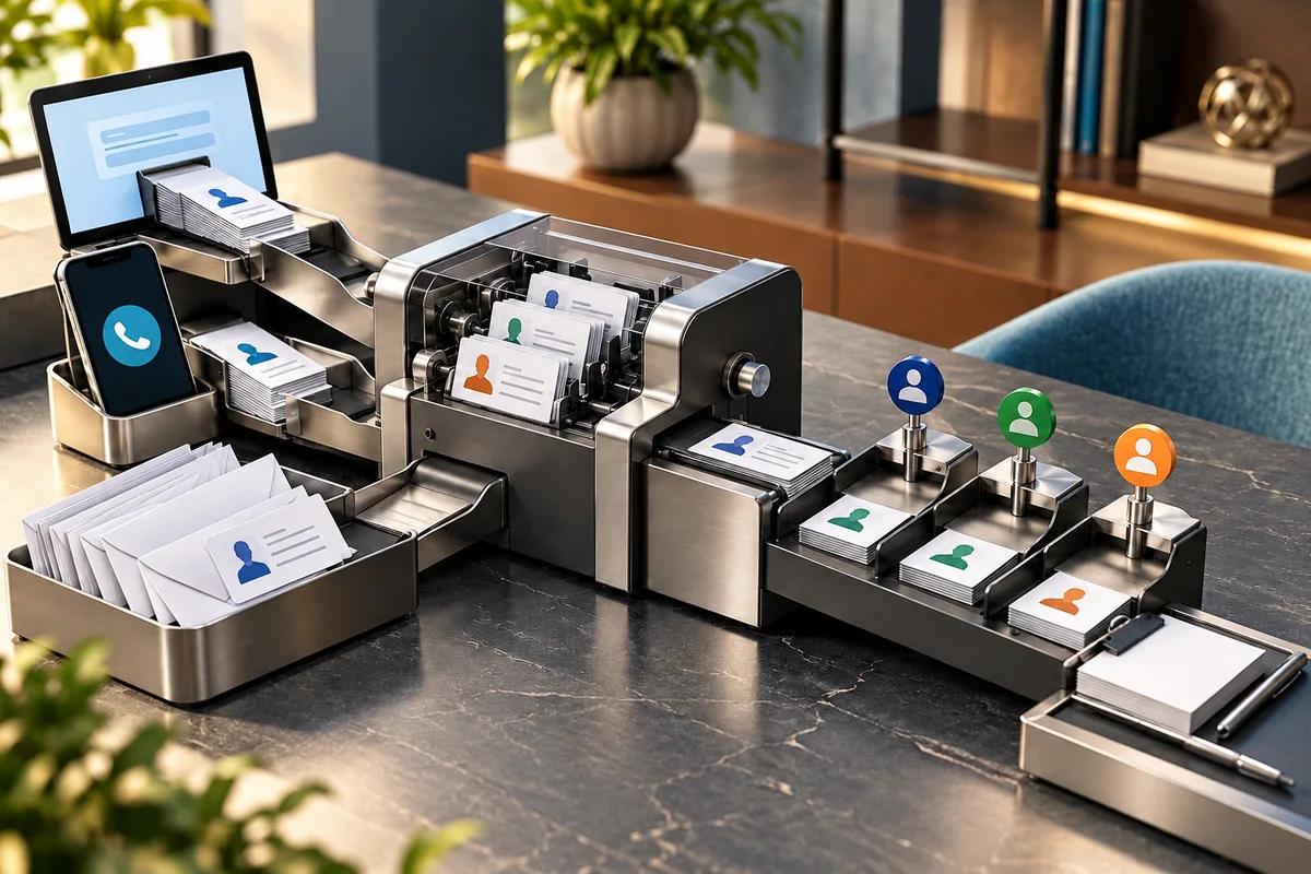 System führt Kundenkarten aus Formularen, Telefon und E-Mail zusammen und weist Folgeaufgaben zu.
