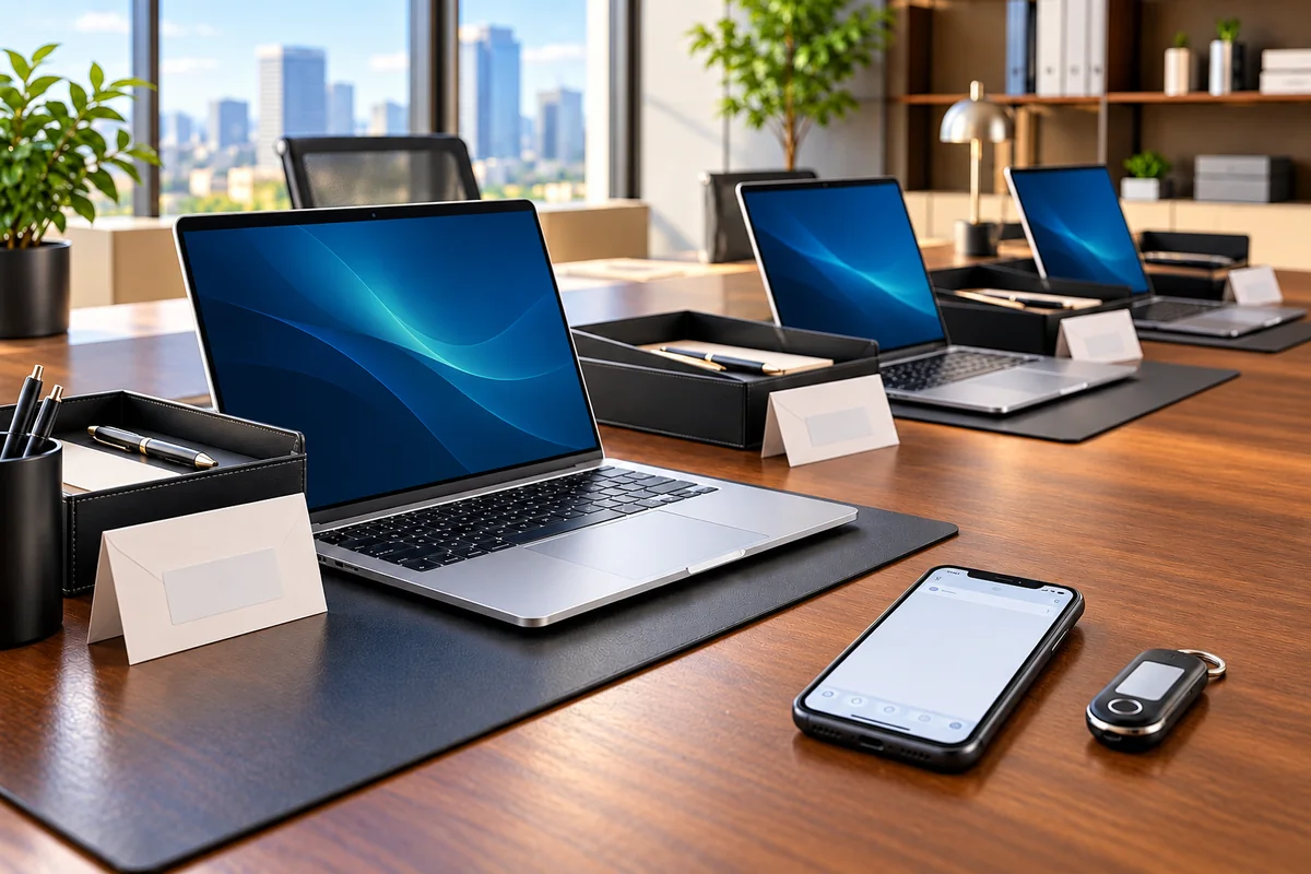 Laptops mit Firmenpostfach-Karten und ein Smartphone mit E-Mail-Einrichtung.