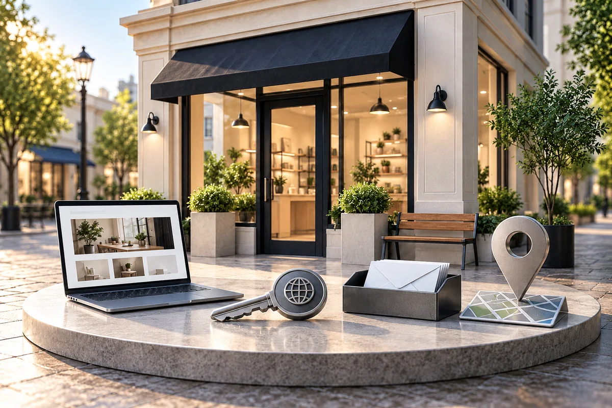 Neues Geschäftsschaufenster mit Website-Display, Domainschlüssel, Postfach und lokalem Standortmarker.