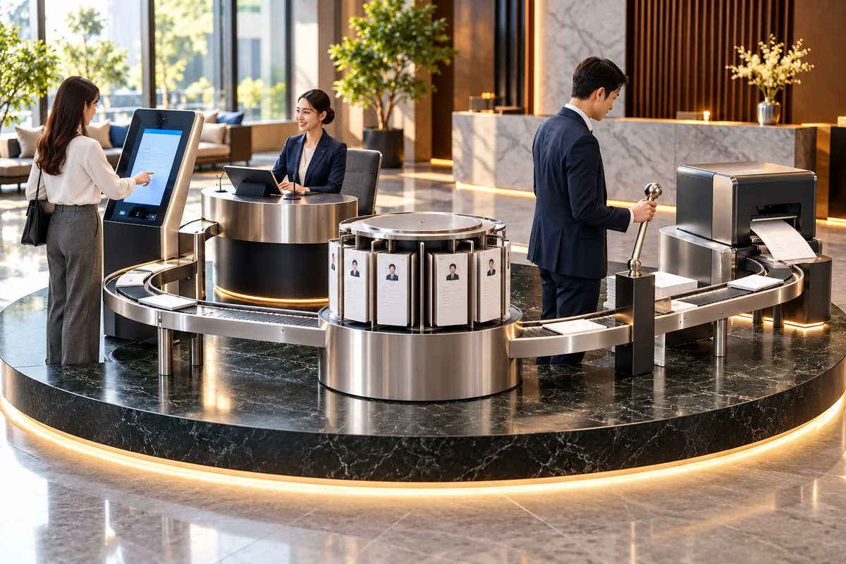 Betriebsinsel verbindet Anfragekiosk, Gesprächsgerät, Kundendatensätze und Angebotsdrucker.