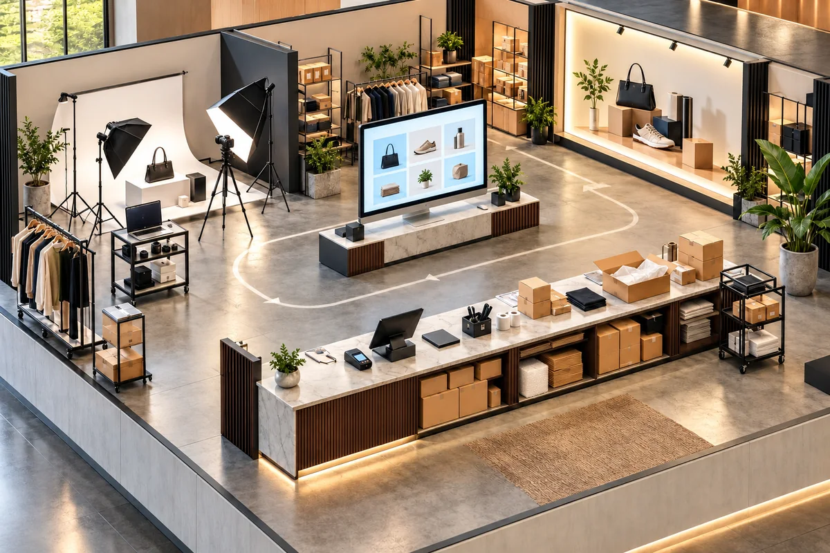 E-Commerce-Studio mit Produktfotografie, Shop-Display, Zahlungs- und Packtisch sowie Kampagnenfläche.